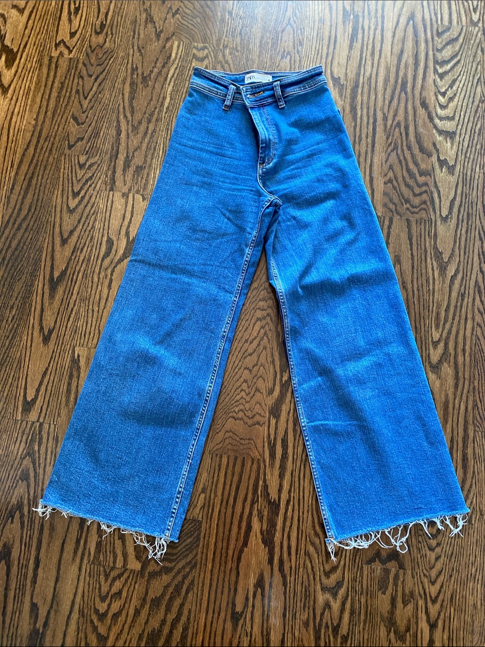 Zara Medium Blue Wide-Leg Raw Hem Jeans